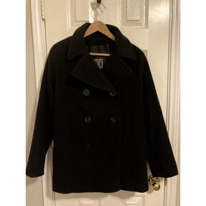 J Percy Pea Coat 6 Women Black Double Breasted Anchor Buttons Wool Made In USA
